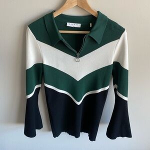 Sandro quarter zip green black white sweater bell sleeve